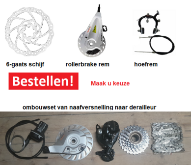 Roller-brake -plaat   voor- of achter,  knijprem, schijfrem 180mm  schijfrem160mm, naafversnelling ombouwen naar derailleur versnelling