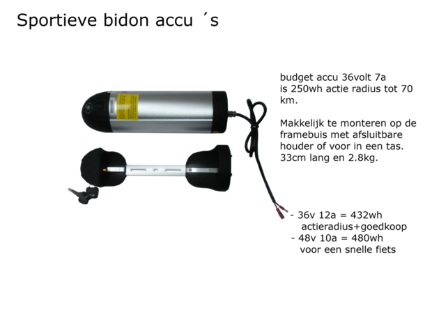 Accu ombouwset elektrische fiets Bidon accu 48volt 10ampere of 36volt 12a  of 7a36v