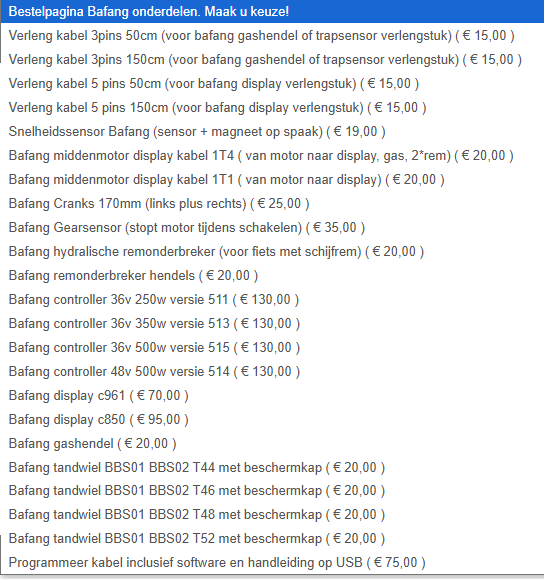 Bafang midden motor Producten bestellen