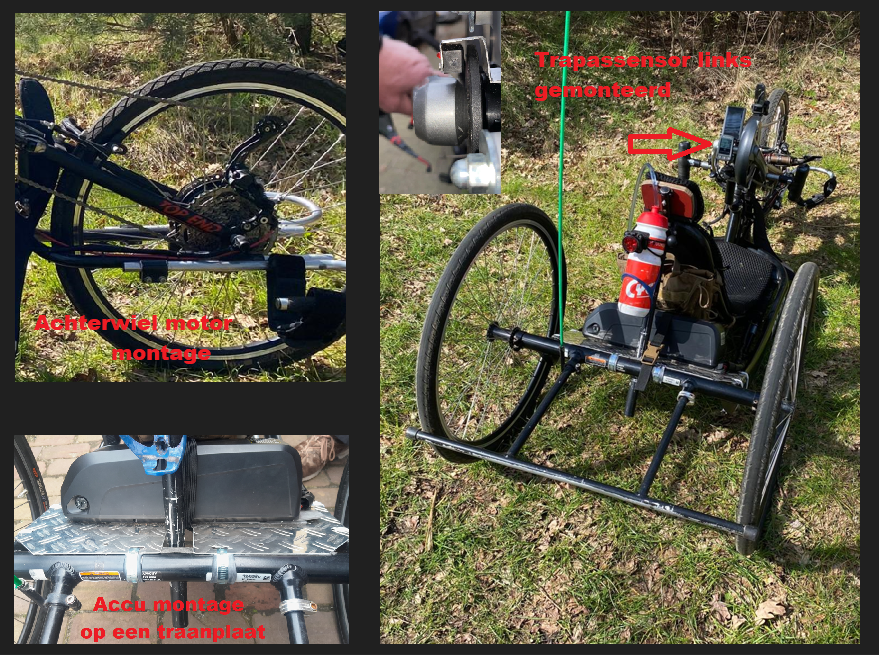 Montage van de motor, accu en trapsensor op een handbike