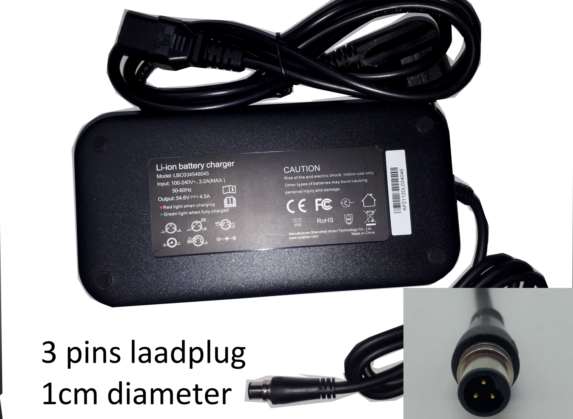 Oplader 48volt 4.5ampere  met 3pins plug voor Black Tiger batterij van de EE SPORT speedbike