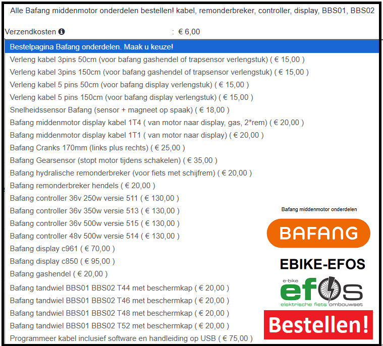 Prijzen bafang onderdelen bestellen bij EBIKE EFOS