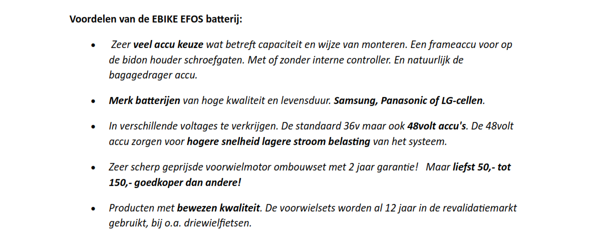 Voordelen EBIKE EFOS fiets acc's