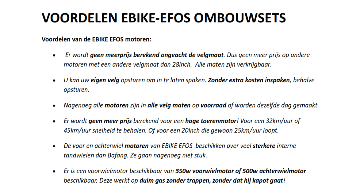 Voordelen EBIKE EFOS voorwiel of achter wiel motoren